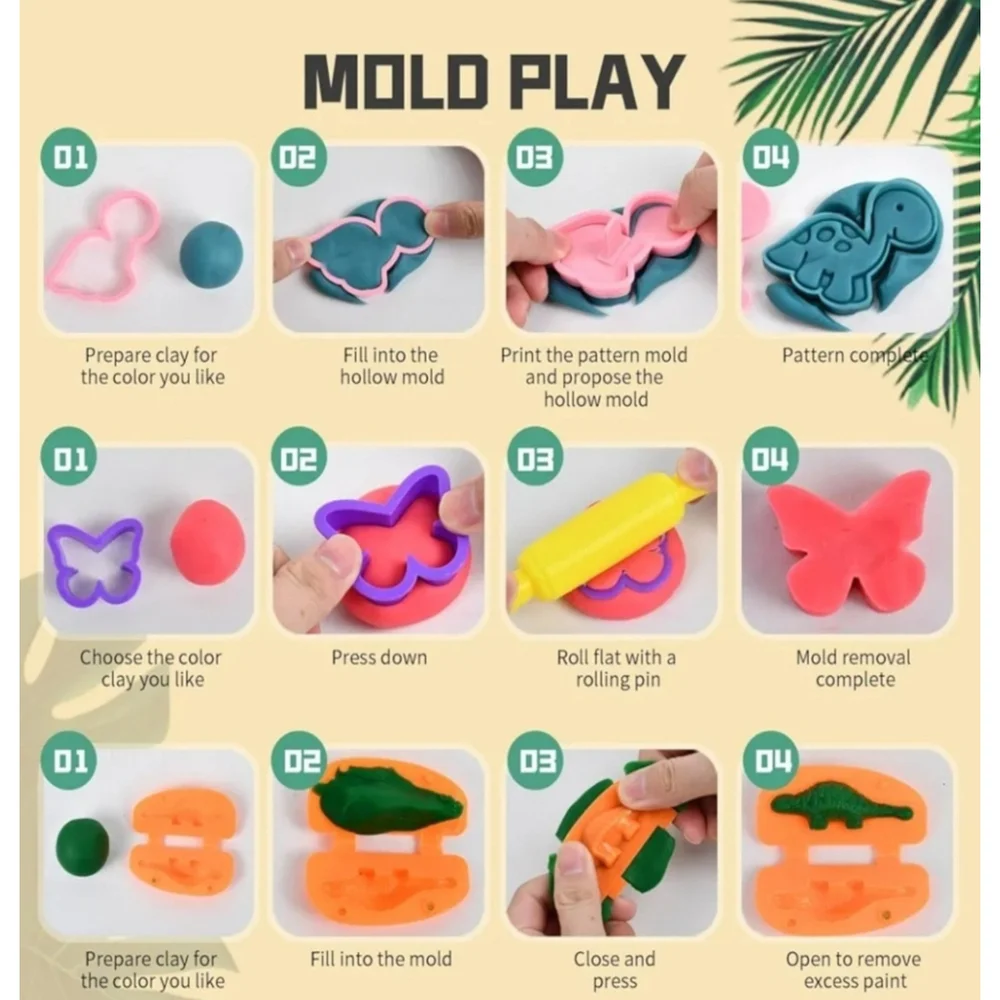 Dough Play Tools for Kids, 55PCS Dinosaur Clay Molds, Sliding dinosaur storage